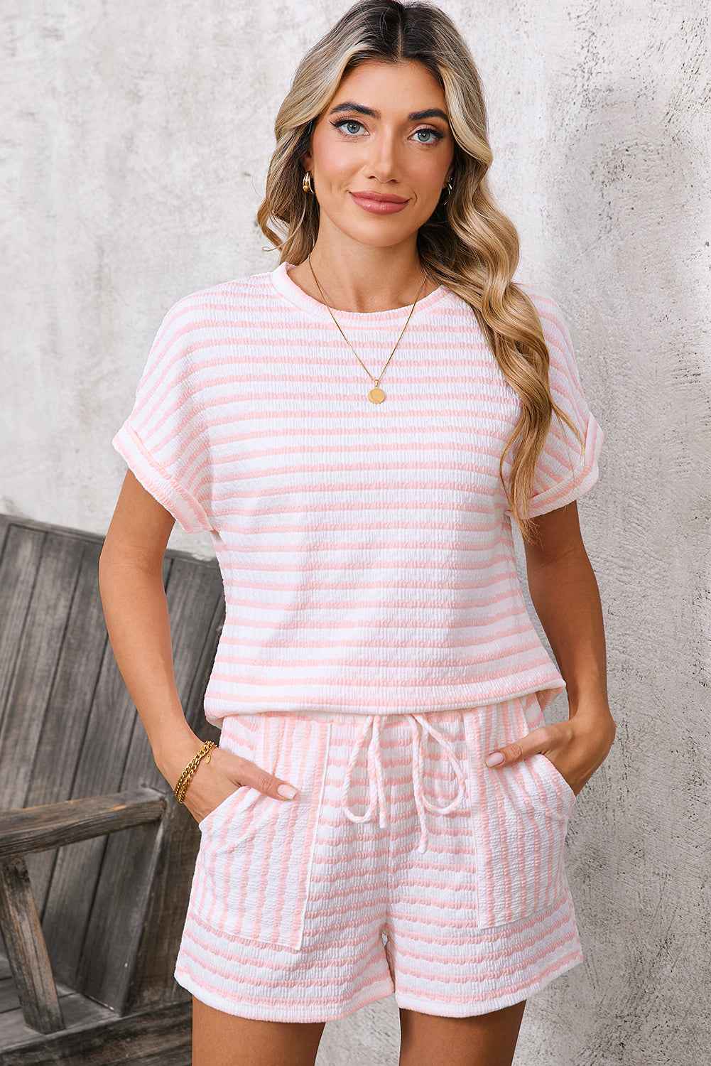 Sky Blue Striped Print Short Sleeve Top and Pocket Shorts Set b01e3d61a826c9e1