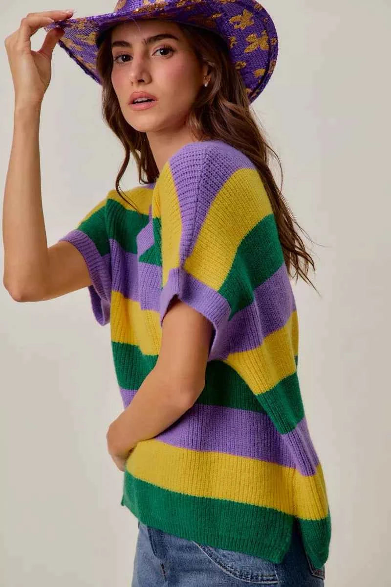 SO ME Mardi Gras Loose Fit V Neck Stripe Sweater Top b027cd300fd24e0c9b02de1dc1b1a5b6-Max-Origin