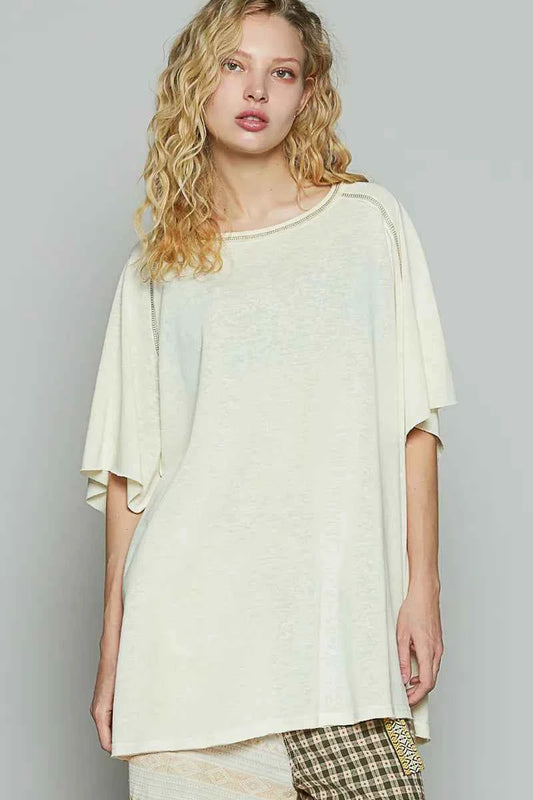 POL Contrast Stitching Half Sleeve Oversized T-Shirt CUSTARD b02b6583-cc79-4d7e-9ee0-72641809dad2-Max-Origin