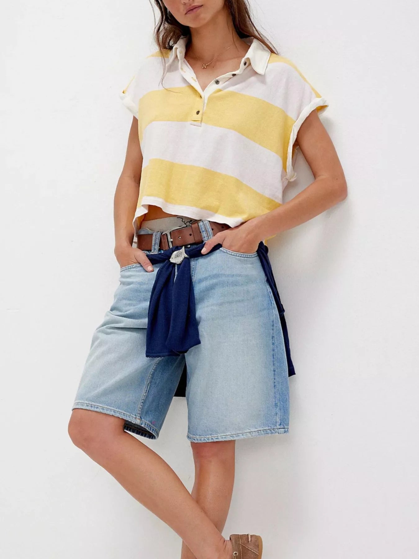 Half Button Striped Short Sleeve Cropped Polo Shirt b0315e67-8e80-4ee0-9969-91905a61f70c-Max-Origin
