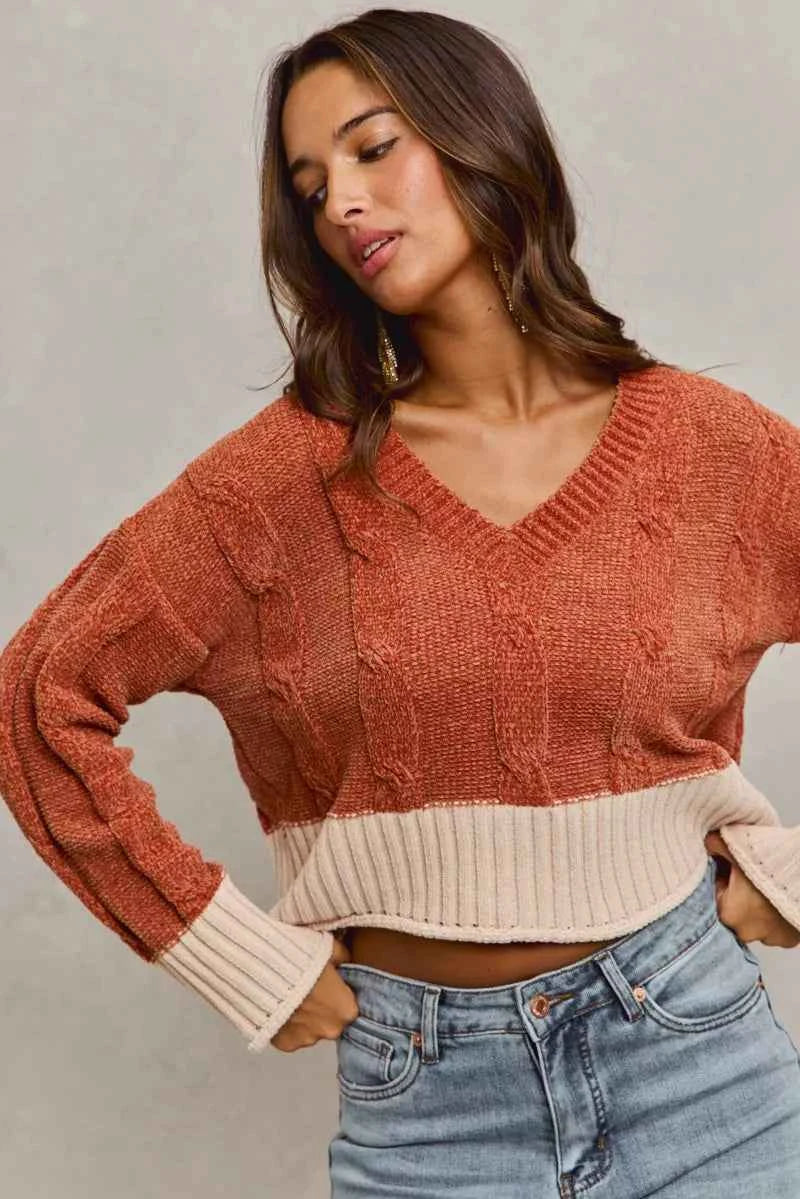 SO ME Chenille Cable Knit V Neck Contrast Cropped Sweater b03ceacde5a648458613ef59c607f0bf-Max-Origin