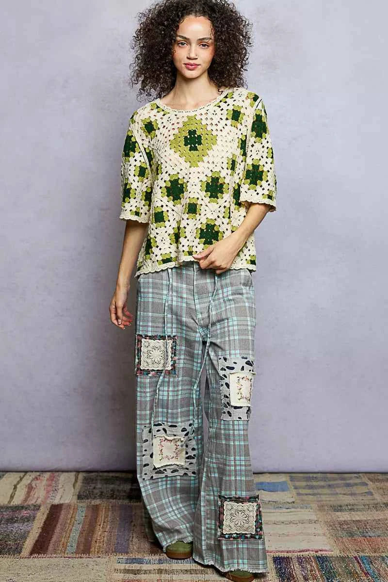 POL Round Neck Short Sleeve Color Pattern Crochet Top with Border Accents b03ceb1f-a6b0-4b68-bb8e-46f17ffd6c62-Max-Origin