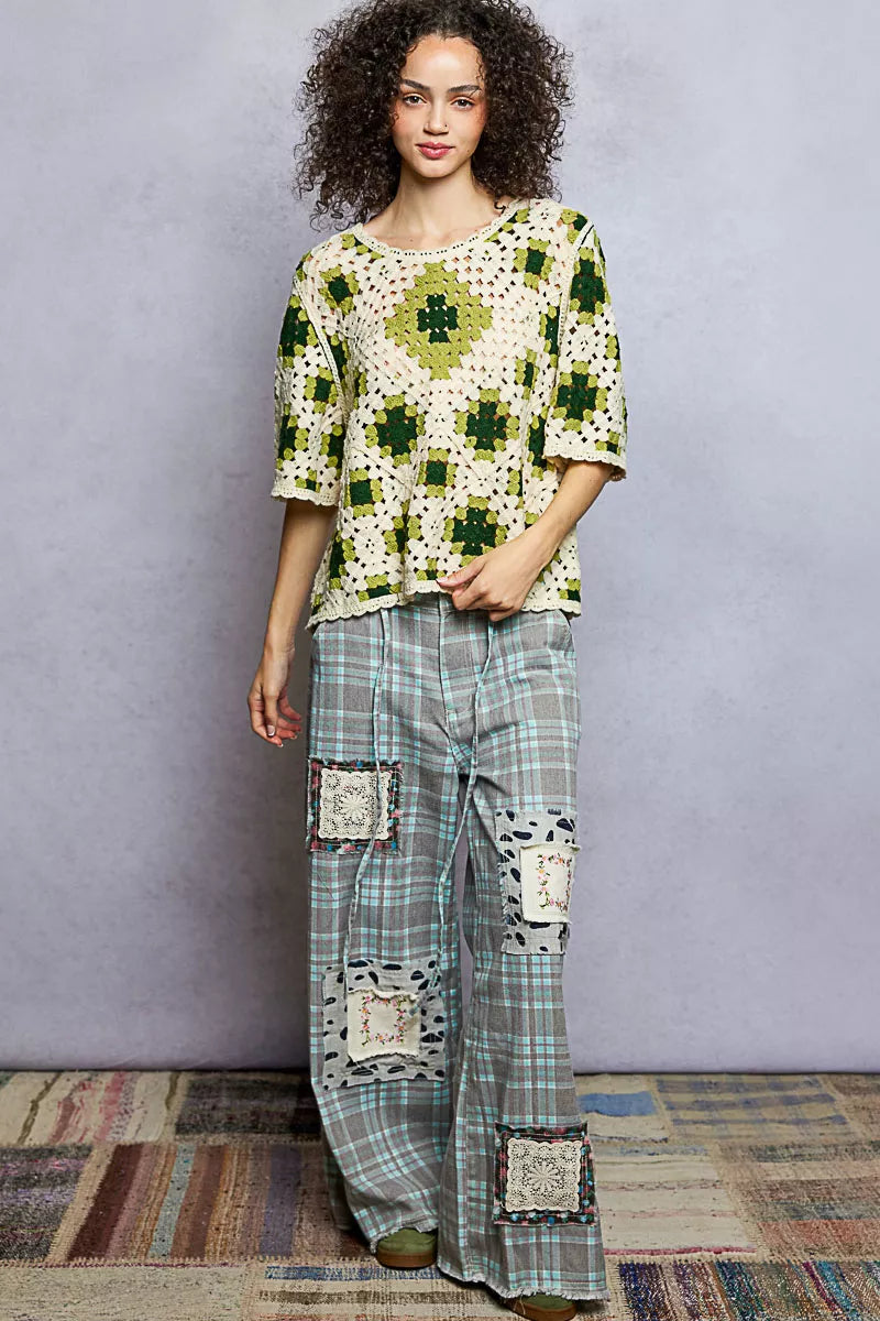 POL Round Neck Short Sleeve Color Pattern Crochet Top with Border Accents b03ceb1f-a6b0-4b68-bb8e-46f17ffd6c62-Max-Origin