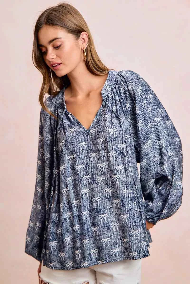 BiBi Ribbon Bow Print Exaggerated Balloon Sleeves Top b0403097f652408ab7ae64992762b538-Max-Origin