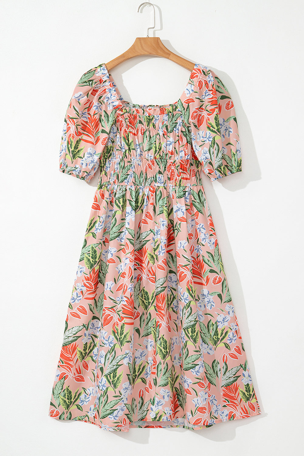 Apricot Pink Floral Knot Front Smocked Bubble Sleeve Dress b0416f70d0c83b3d