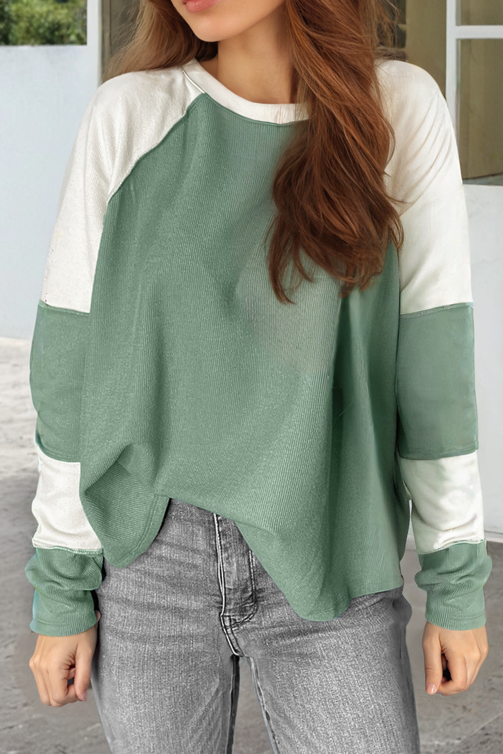 Mint Green Ribbed Colorblock Patchwork Raglan Long Sleeve Top Mint Green 93%Viscose+7%Elastane b0483f68eb8aea23
