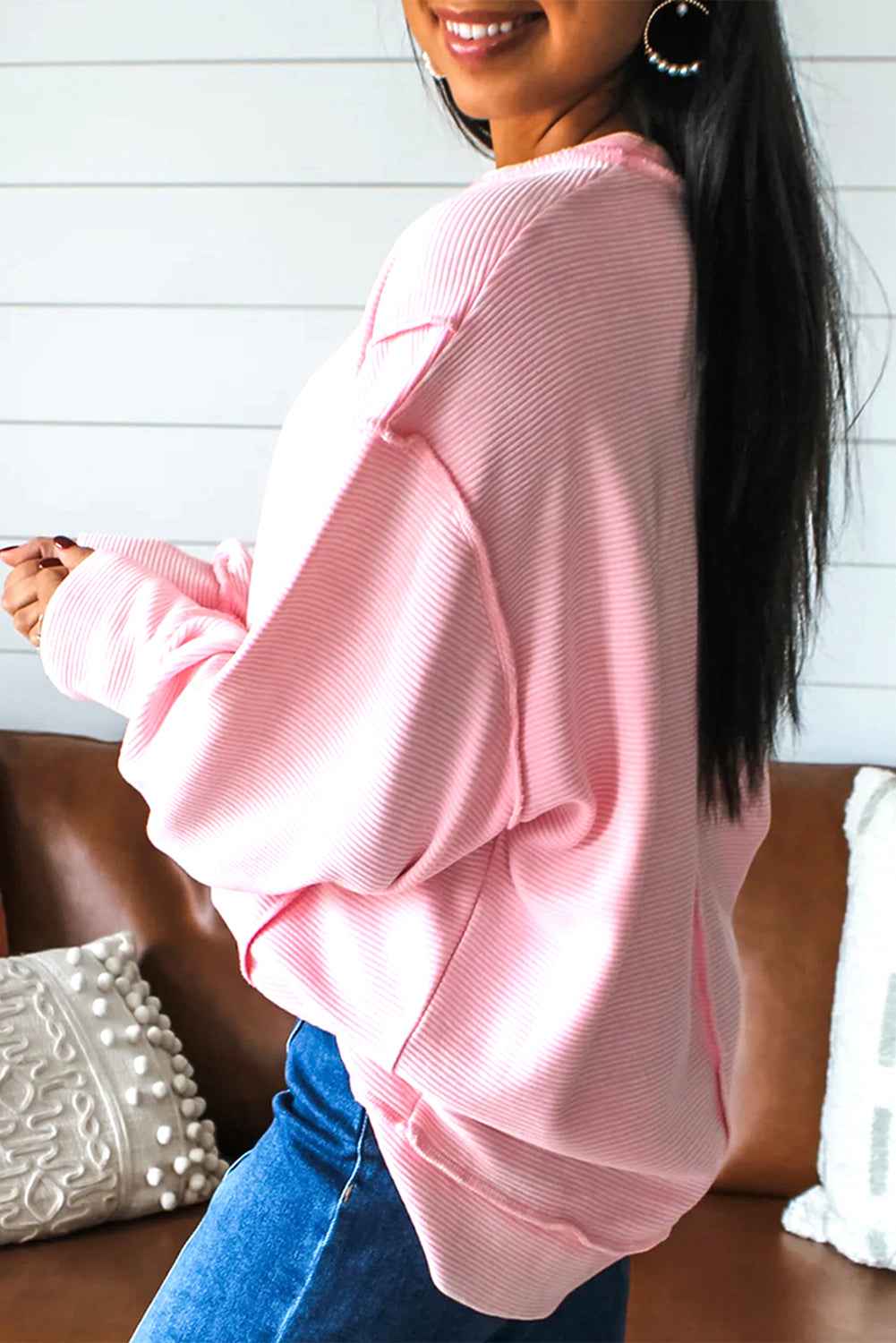 Pink Solid Color Exposed Seam Long Sleeve Top b0494ec302800770