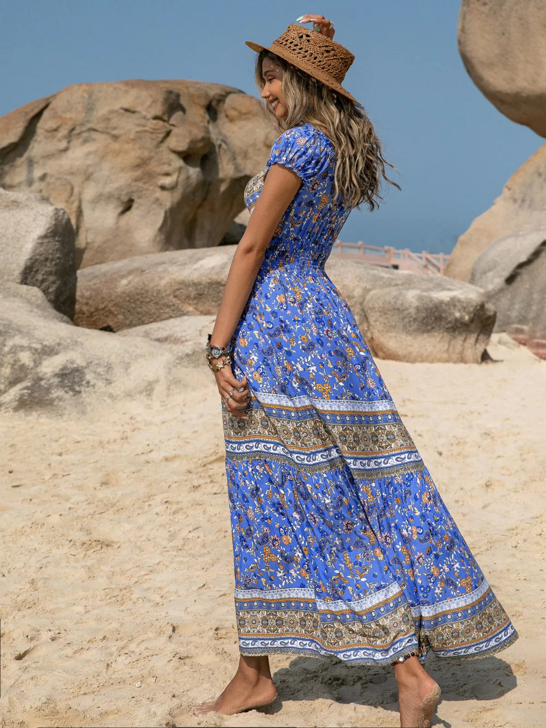 Printed V-Neck Cap Sleeve Midi Dress b04ba01e-0e57-41fe-953f-15cc873d912d-Max-Origin