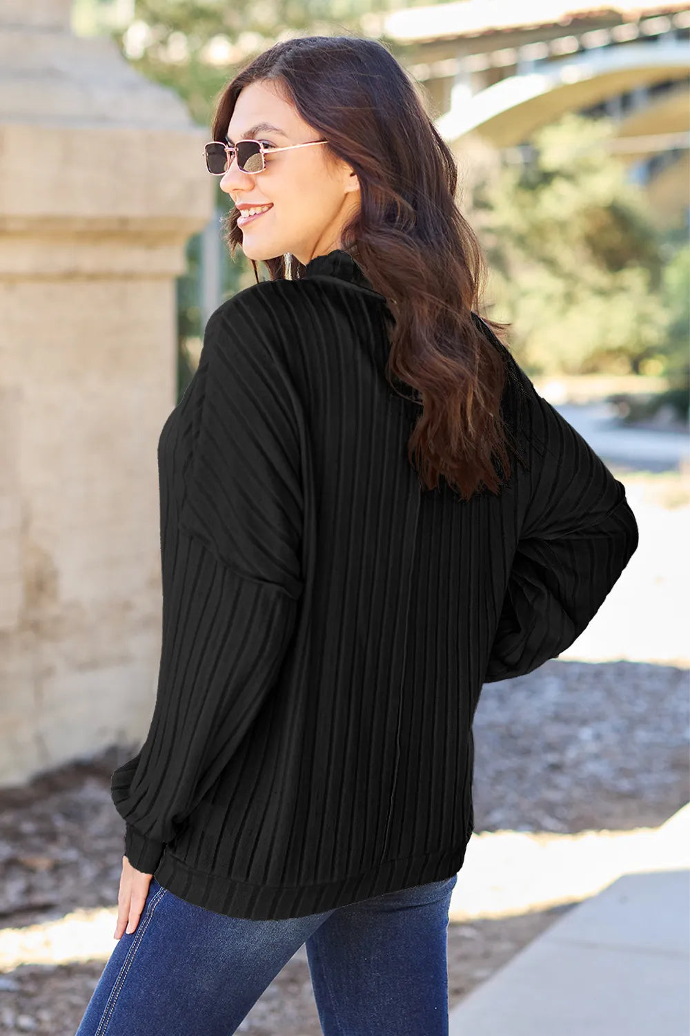 Basic Bae Full Size Ribbed Exposed Seam Mock Neck Knit Top b0523855b9754c548958199a3878a6d4-Max