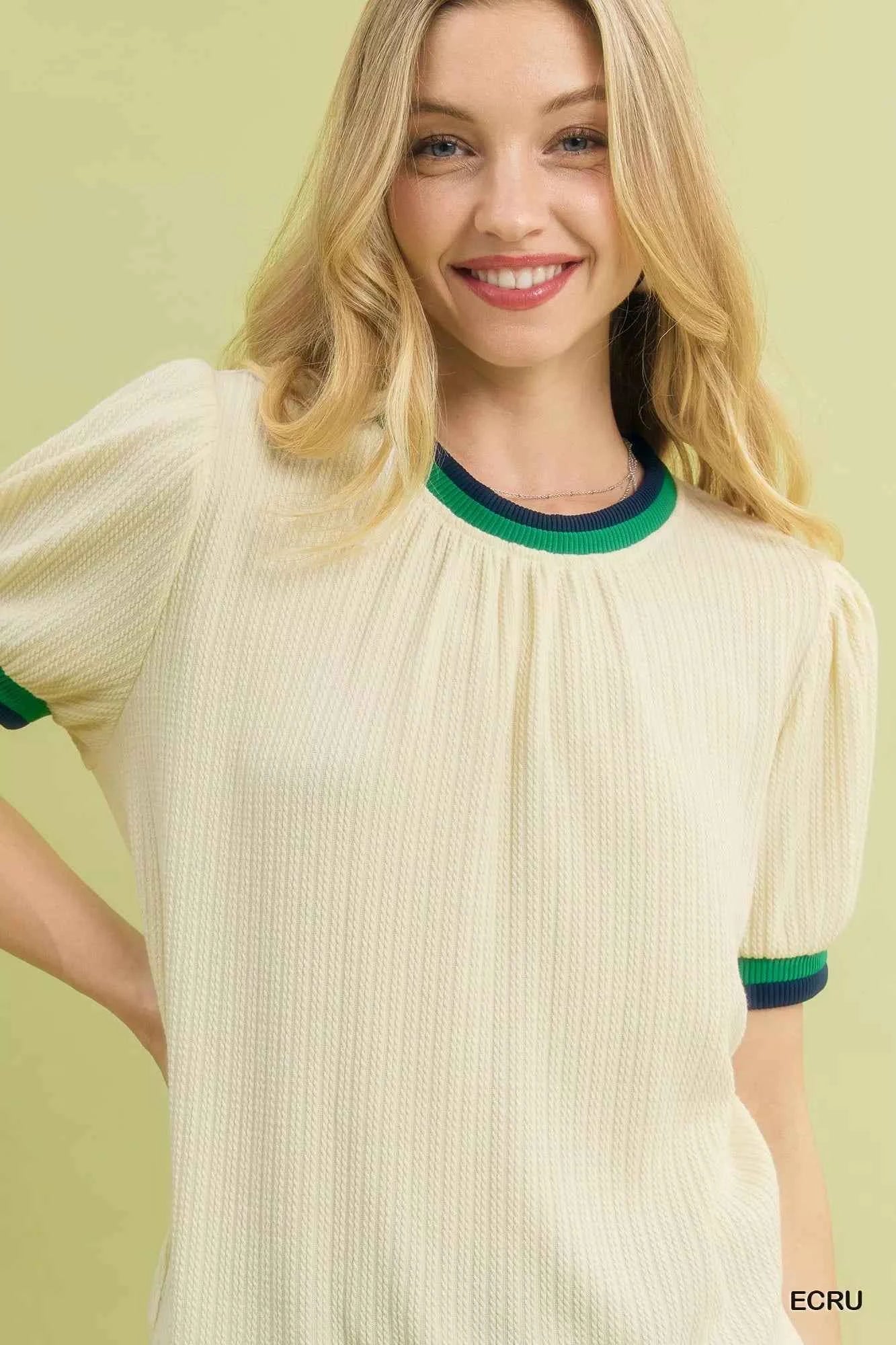 Umgee Puff Sleeve Knit Top with Contrast Rib Trim
