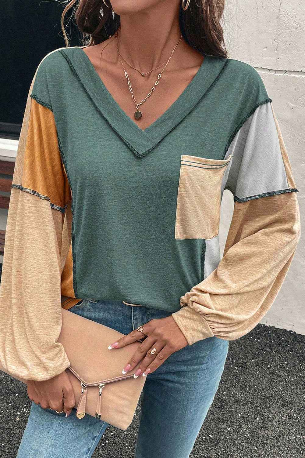 Sail Blue Exposed Stitching Colorblock V Neck Long Sleeve Top b05af5fab133b1eb