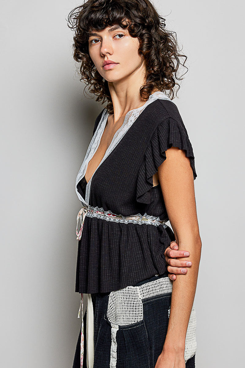 POL Tied Ruffled V-Neck Short Sleeve Blouse with Lace Detail b062929b-c7c4-4cfc-abb6-728172c4d4c1-Max