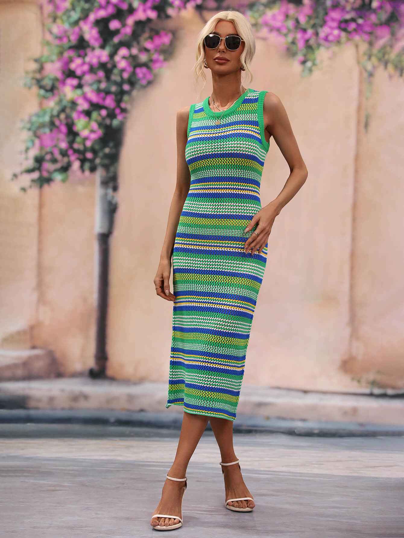Striped Round Neck Sleeveless Midi Cover Up Dress Green b065a1f05973458fb5a2a1818fb25596-Max