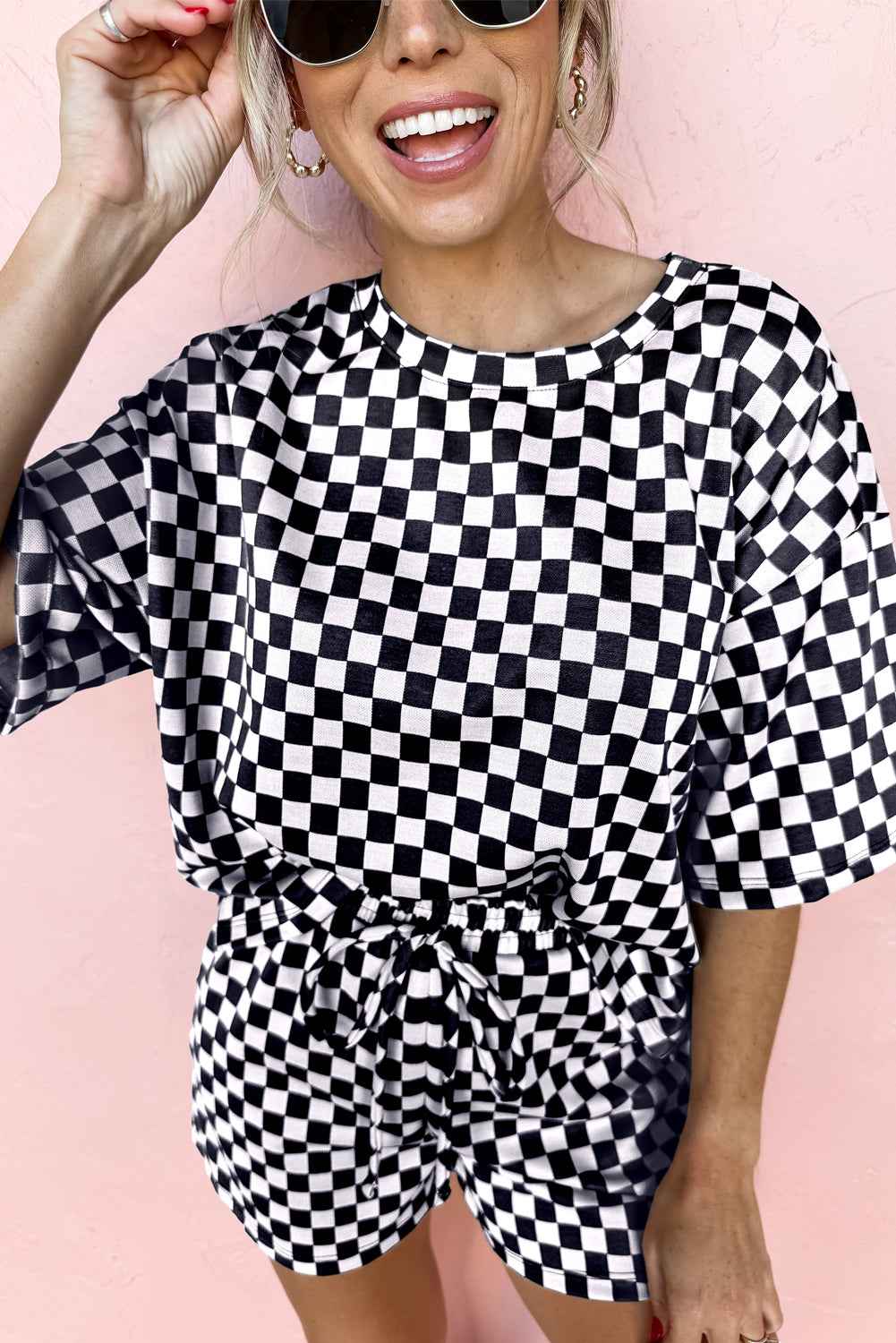 Brown Checkered Top and Drawstring Shorts Pajama Set b06635bcd01c3f96