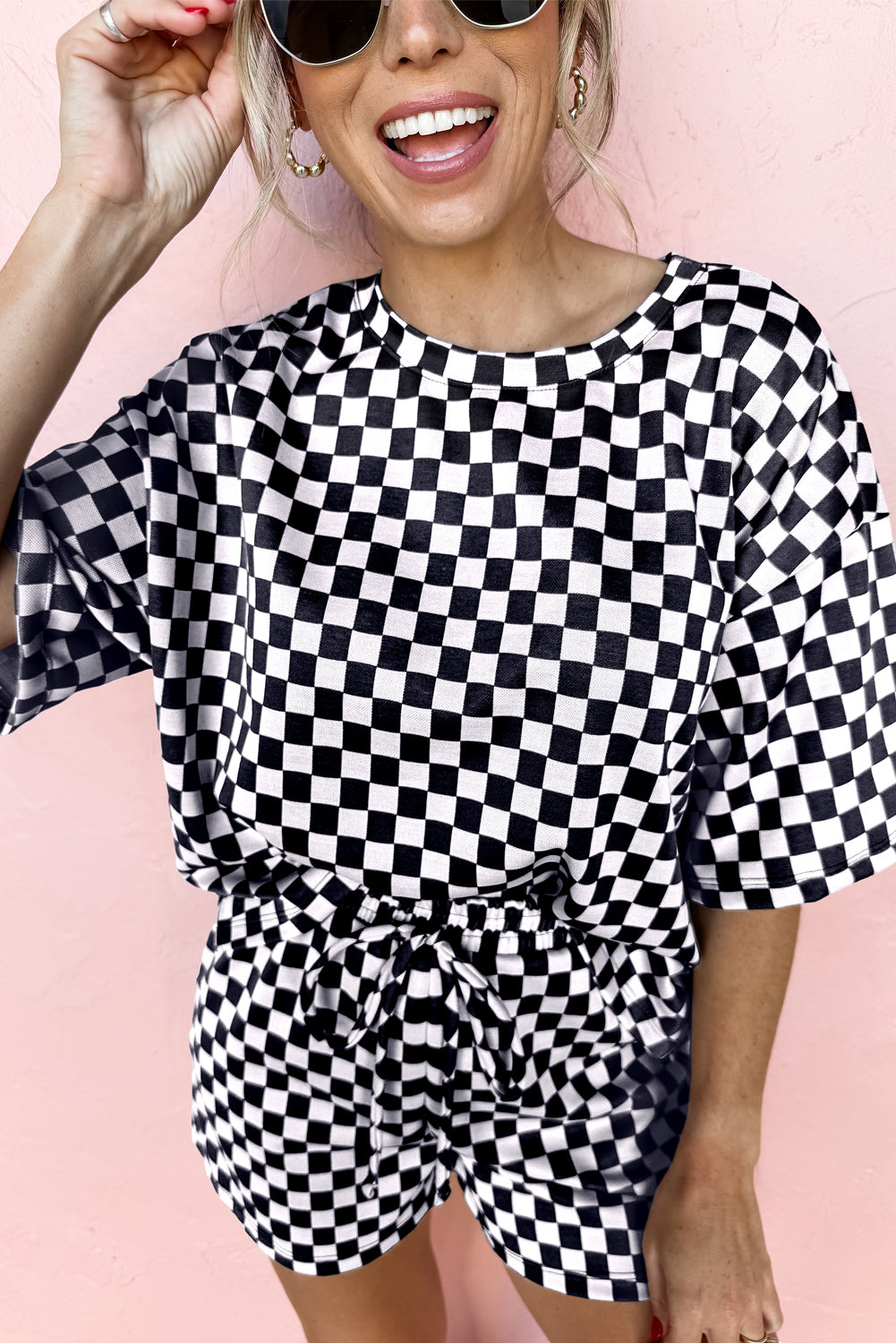 Brown Checkered Top and Drawstring Shorts Pajama Set b06635bcd01c3f96_a66a1444-cd86-408d-946f-4243455a153b