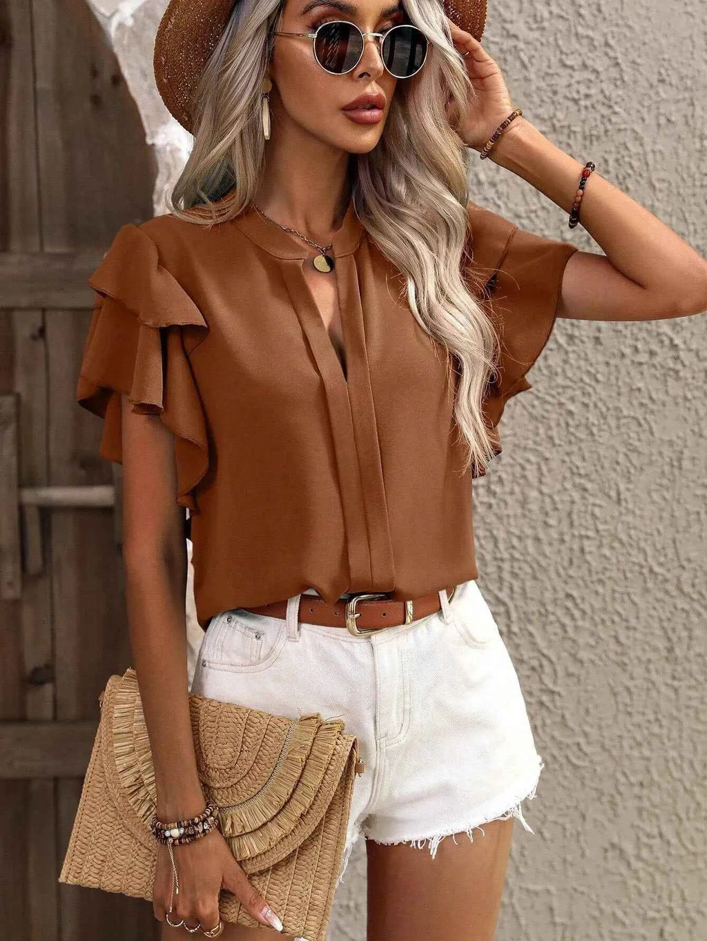 Ruffle Sleeve Notched Blouse b068cbb2-5252-4cf4-9014-2ef606362678-Max-Origin