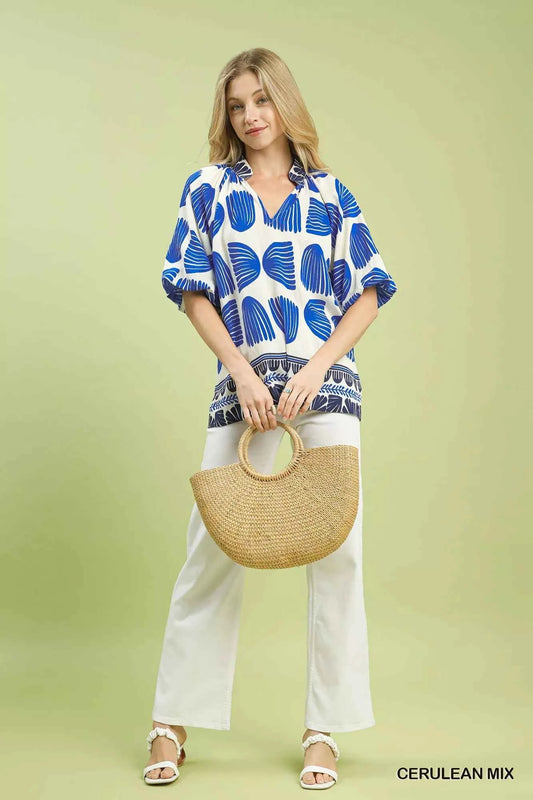 Shell Block Border Print Puff Sleeve Blouse b06a8123-3df9-4214-a4f7-2507a9b44a9e-Max-Origin