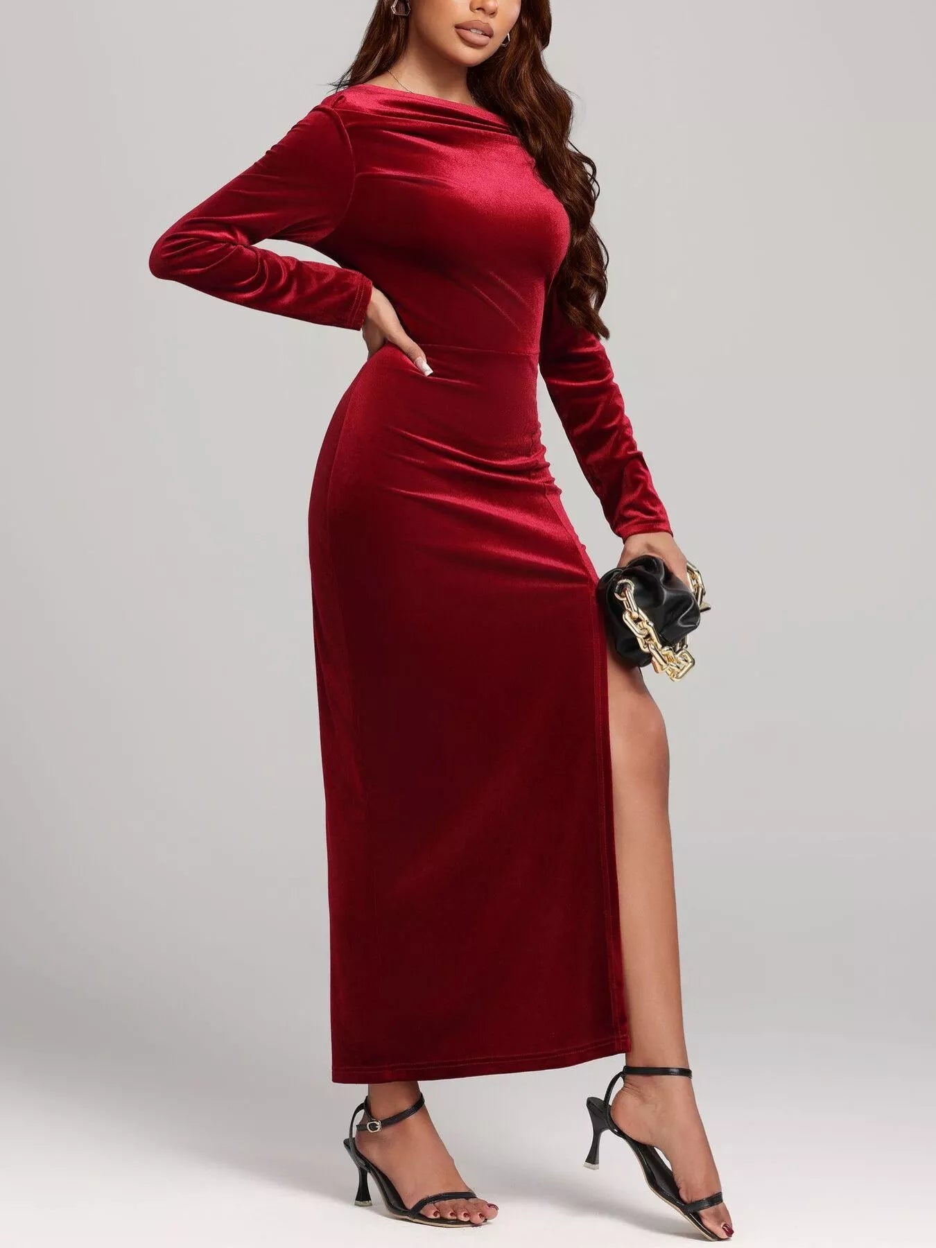 Ruched Velvet Long Sleeve Slit Dress b06ac440-903e-47d2-9403-db0b6b335f0c-Max-Origin