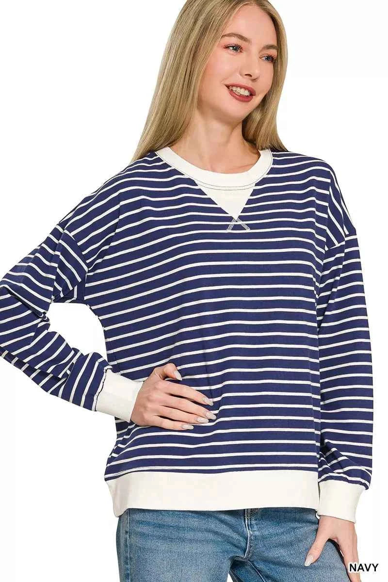 Zenana Contrast Striped Round Neck Sweatshirt NAVY b06b6831cda340abbd82375ffc6e7477-Max-Origin
