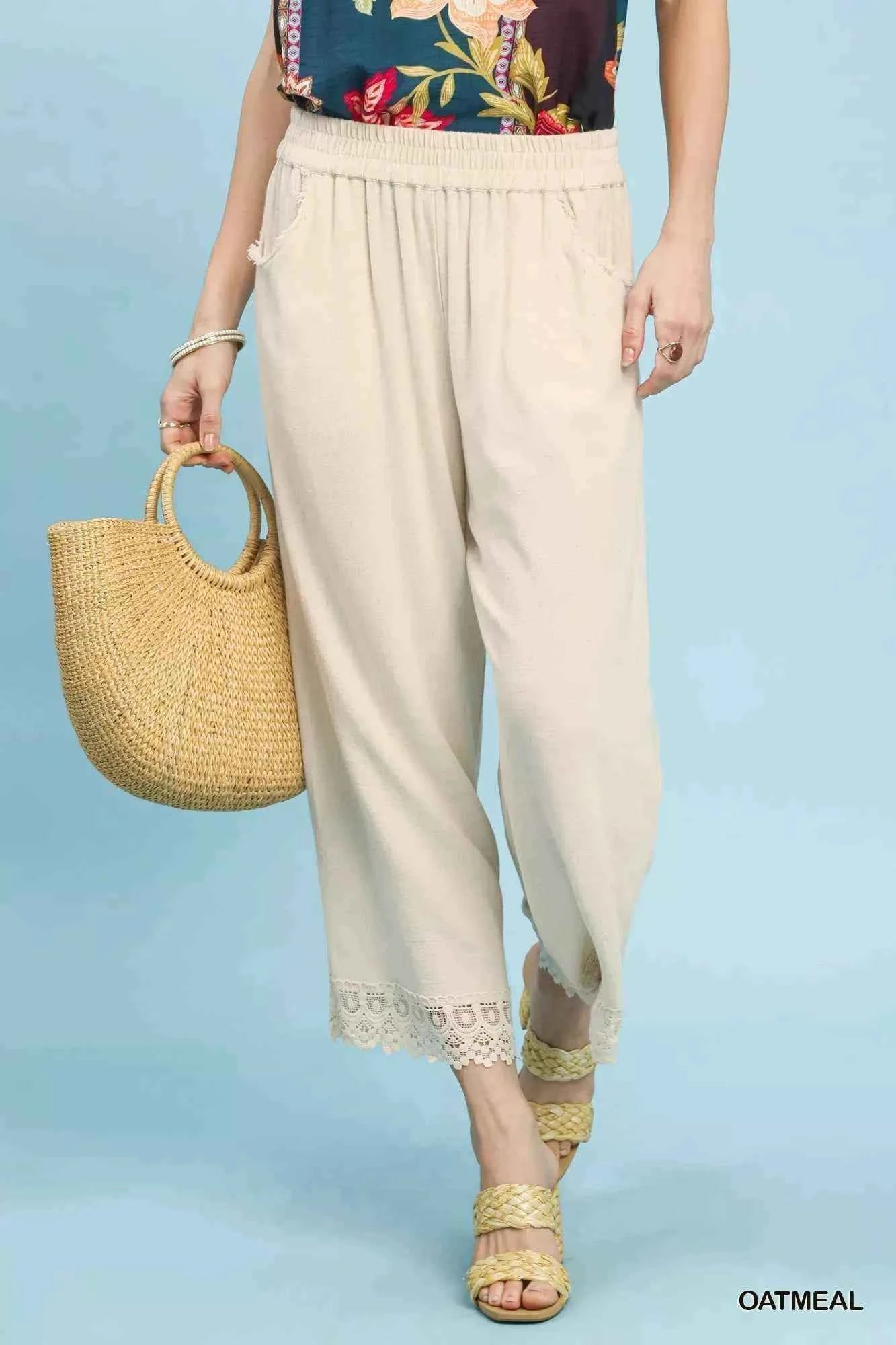 Umgee Linen Wide Leg Cropped Pants with Lace Trim OATMEAL b070c07d-3531-466c-b5b4-556e721cc108-Max-Origin