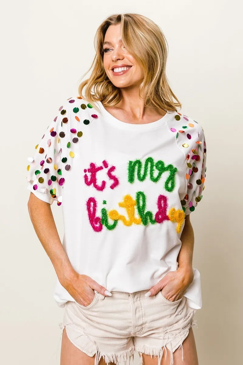 BiBi Metallic Letter Spangle Raglan Puff Sleeve Top b0730b26add444d59ad2a4b65fbc9b4e-Max-Origin