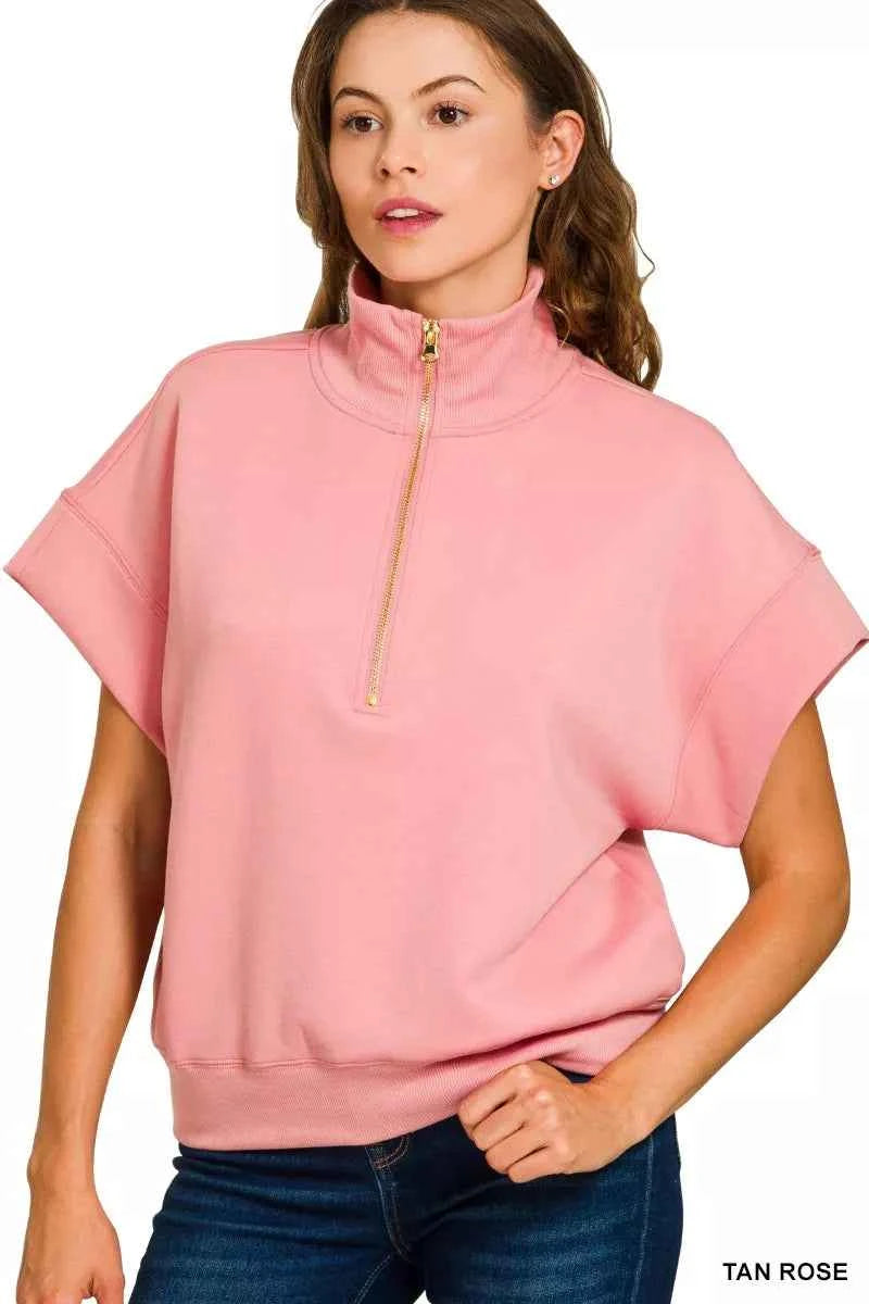 Zenana Full Size Scuba High Neck Half Zip Short Sleeve Top Plus Size b07349af83644283b0f974a0aec7b5f7-Max-Origin