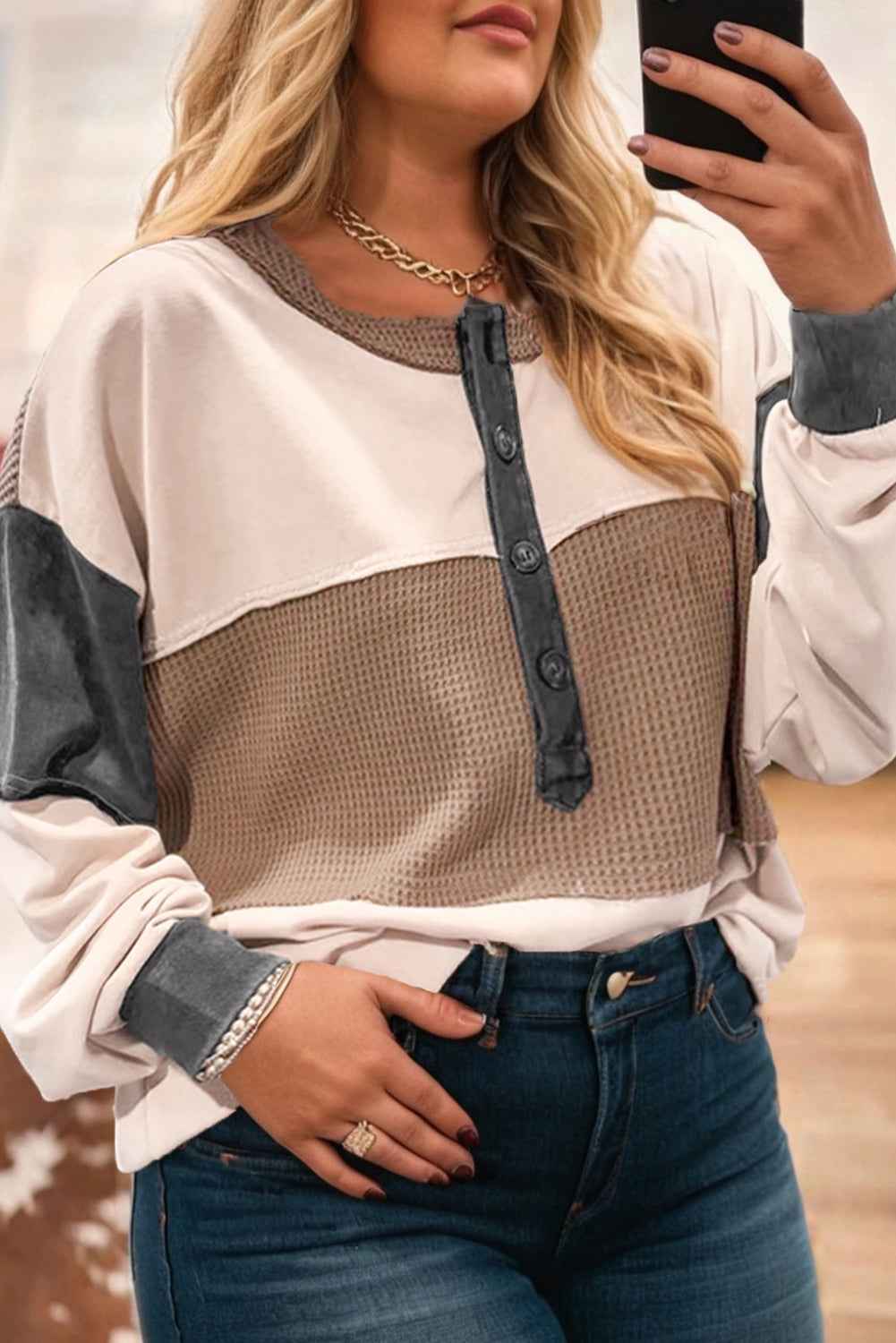 Jet Stream Waffle Patchwork Colorblock Half Buttons Plus Size Top Jet Stream 75%Polyester+25%Cotton b074be655f9a11c1