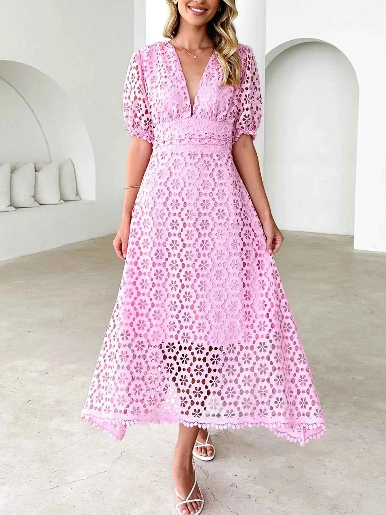 Eyelet Lace V-Neck Midi Dress with Puff Sleeves Pink b0779969-f094-4db6-857c-23962aa06084-Max-Origin