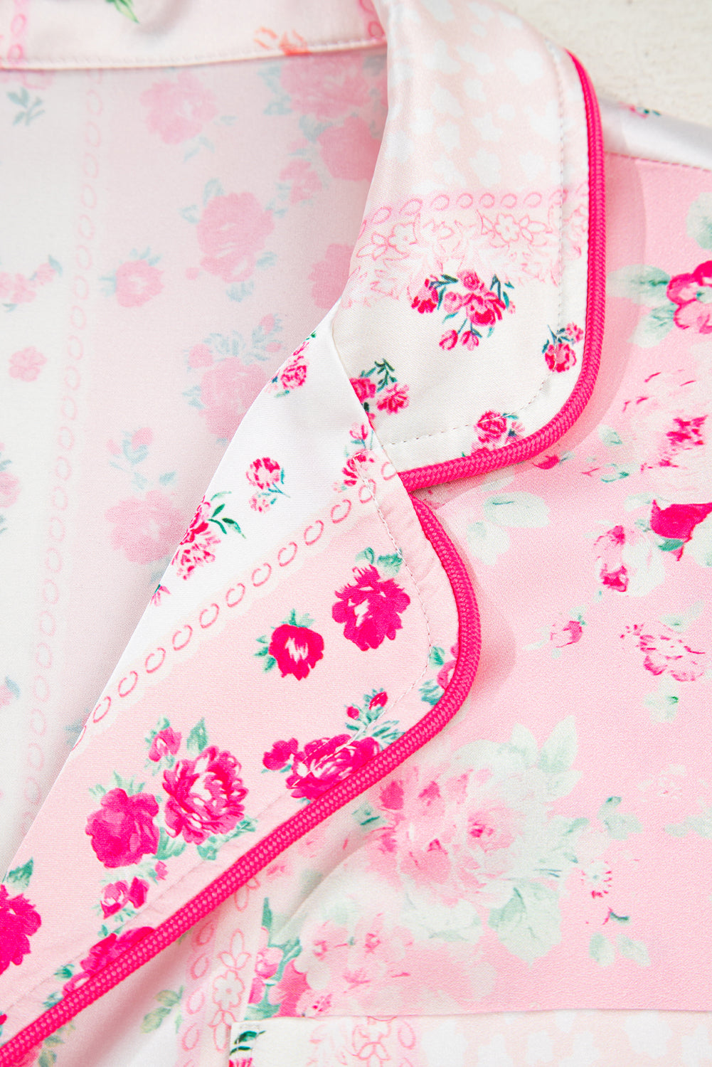 Pink Mixed Floral Print Contrast Piping Trim Satin Tie Pajama Set b07c4934618cb1bb