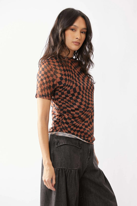 Checker Board Printed Mesh Short Sleeve Top b08607a0ae31424aaeb0e864912e8680-Max-Origin