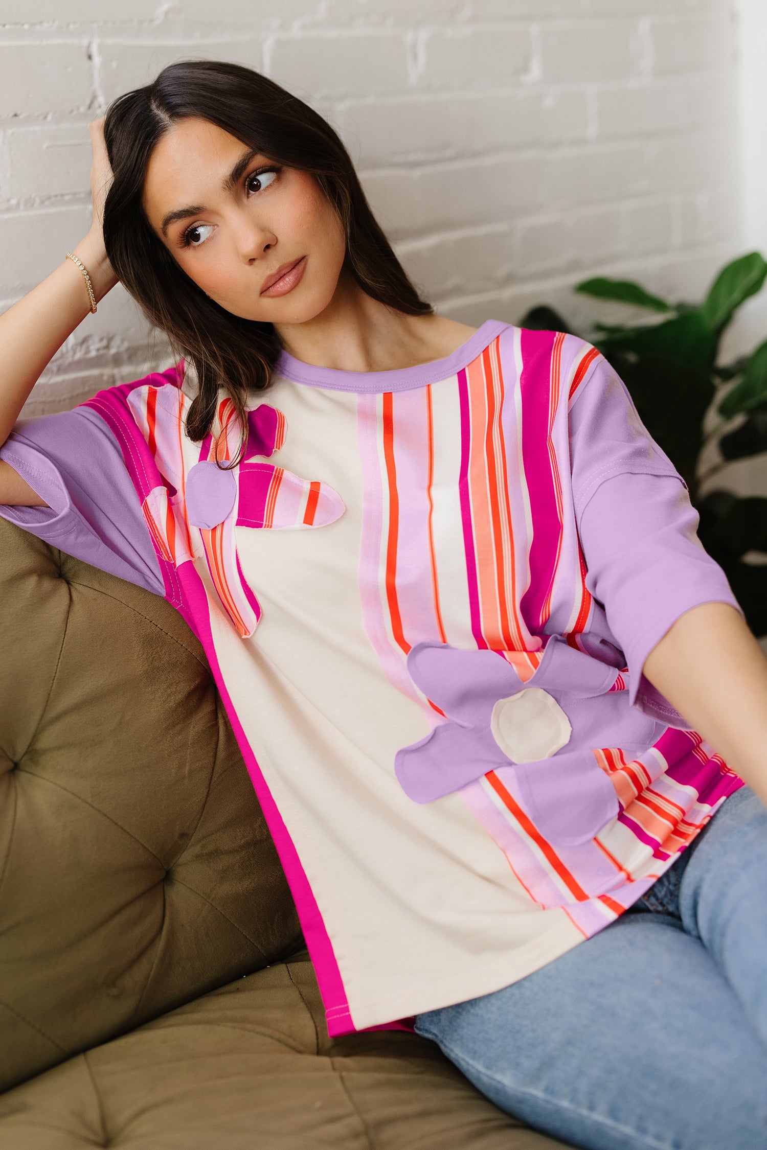 Pink Striped Color Block Flower Patched Half Sleeve Loose Top b0888ad2c8e2b9b8