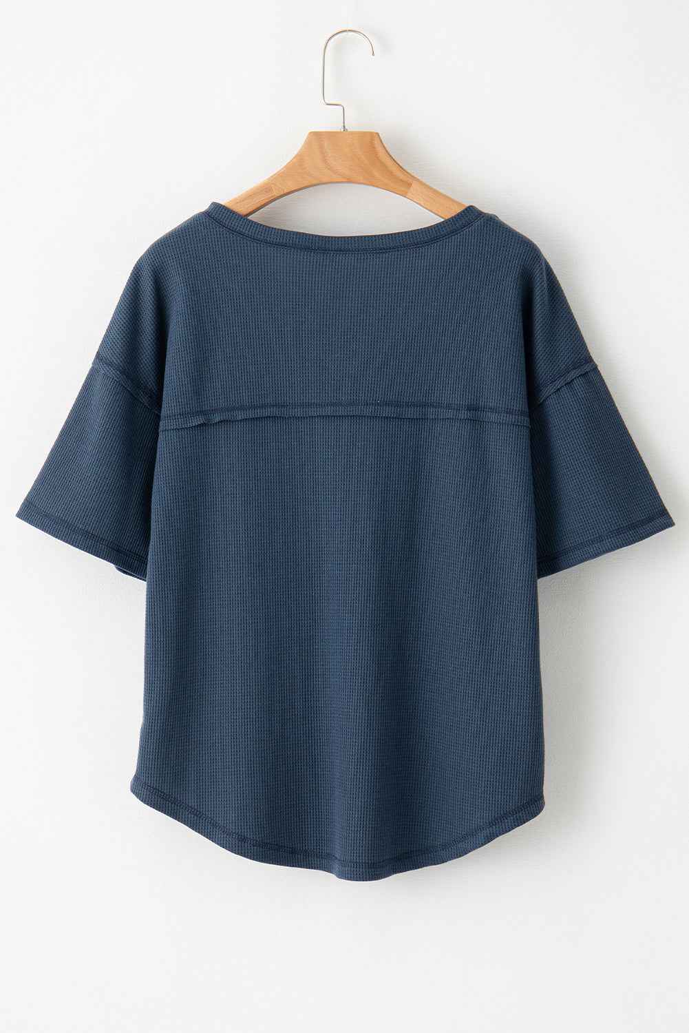 Blue Exposed Seam Drop Sleeve V Neck Waffle Textured Top b08d4004df777e89
