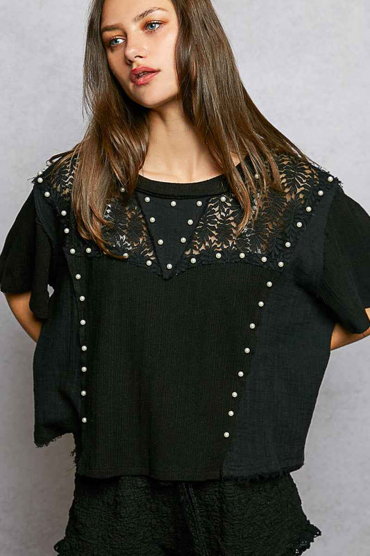 Lace Pearl Stud Round Neck Short Sleeve Shirt b08e8e5d-c9af-4336-879a-3501957eef4d-Max
