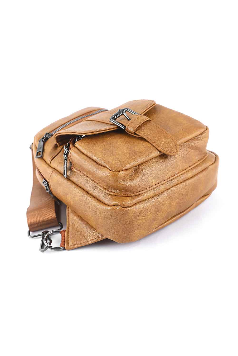 Khaki Vintage Zipper Multi Pockets PU Sling Bag b08fa109262a7a97