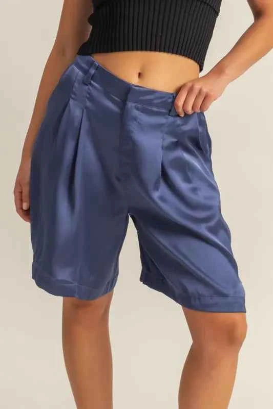 HYFVE High-Waist Pleated Satin Shorts Dusty Blue b09089ba-690a-4311-9d34-351890d50b74-Max