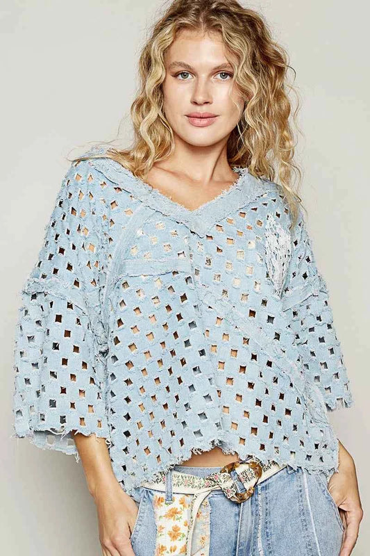 V-Neck Short Sleeve Top with Laser Cut Detail Light b0972e0c-d4d8-4fe0-b0a0-9ac5942584a3-Max-Origin