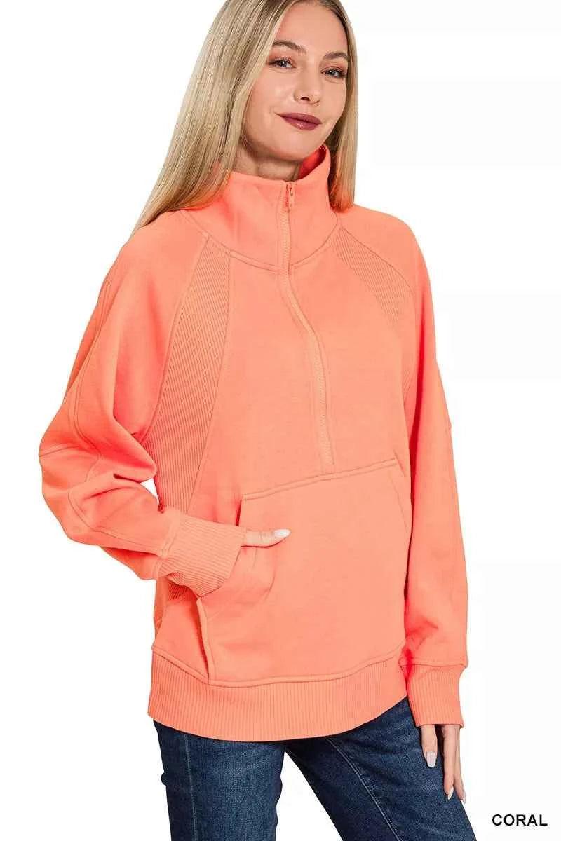 Zenana Half Zip Fleece Sweatshirt with kangaroo Pocket b09cfacac5c1452ab1e840561894e30c-Max-Origin