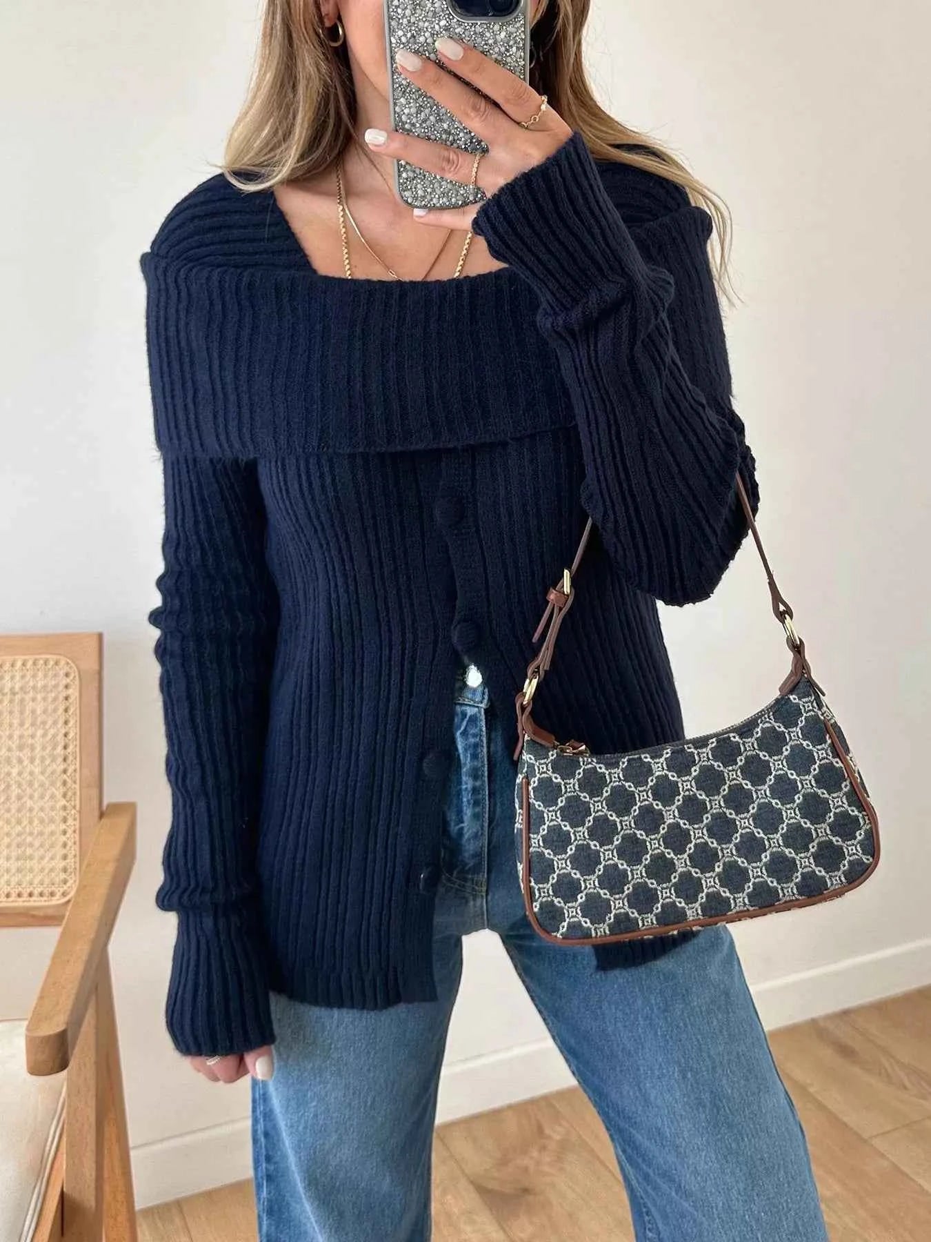Textured Slit Front Long Sleeve Knit Top b0a0e123-d902-422c-8295-db251d7f7148-Max-Origin