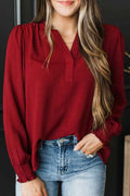 Burgundy Notched Neck Shirred Cuffs Long Sleeve Blouse Burgundy 100%Polyester b0a204d97bf18fd0