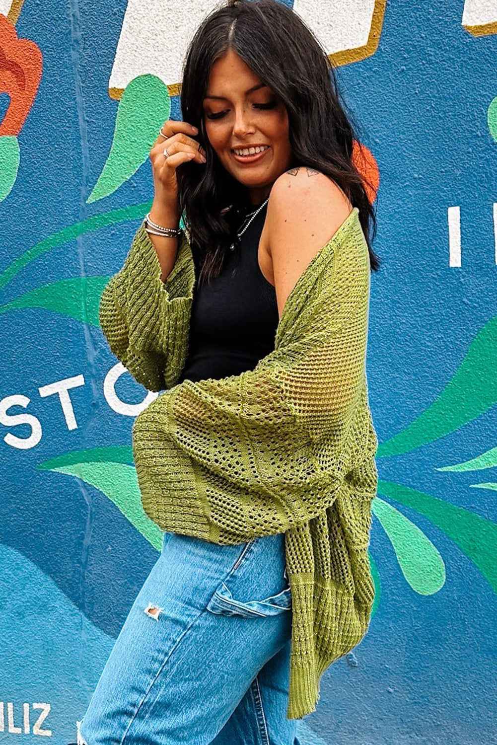 Spinach Green Oversize Crochet Knit Open Cardigan b0a373f6f4343f37