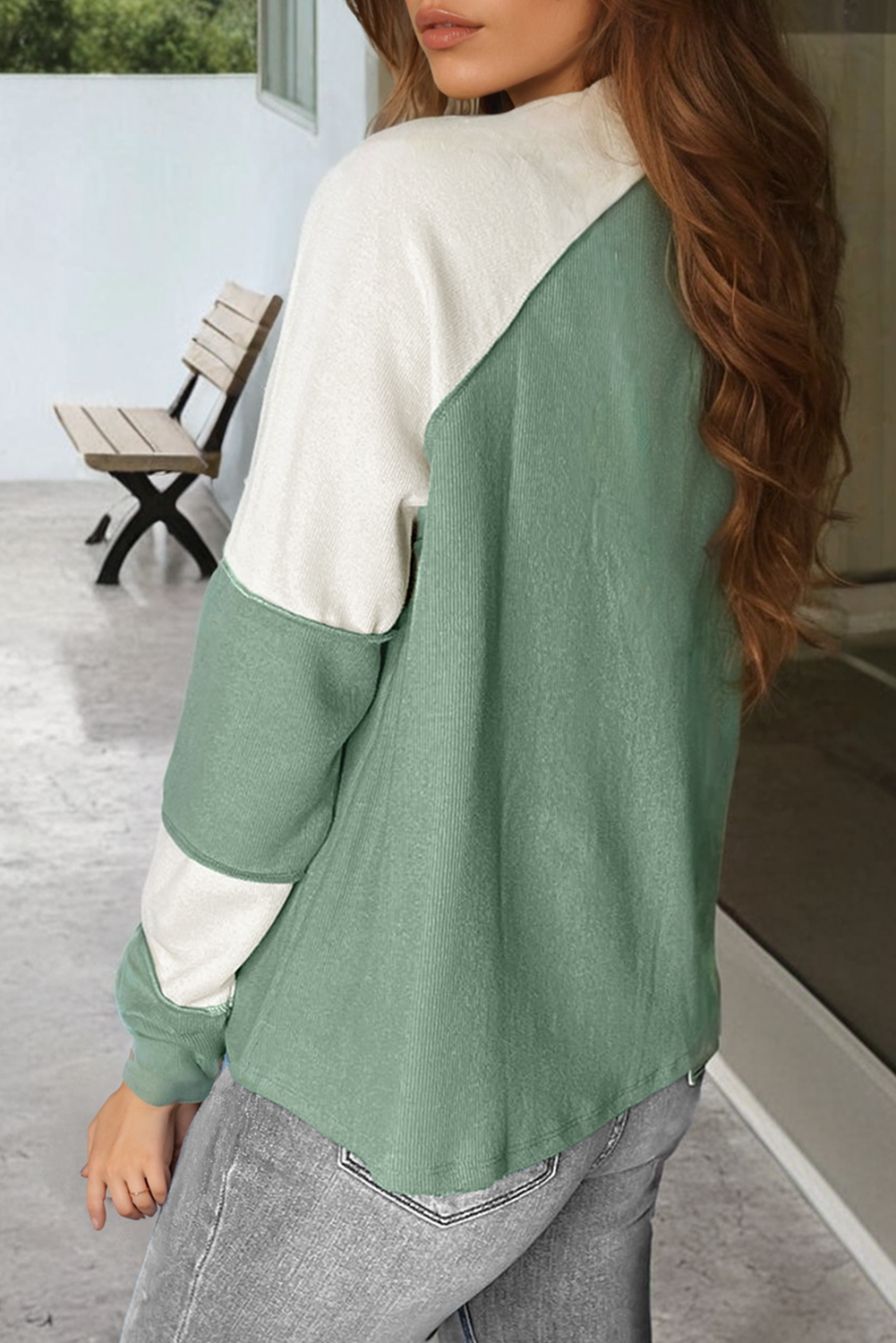 Mint Green Ribbed Colorblock Patchwork Raglan Long Sleeve Top b0a46142d4089169