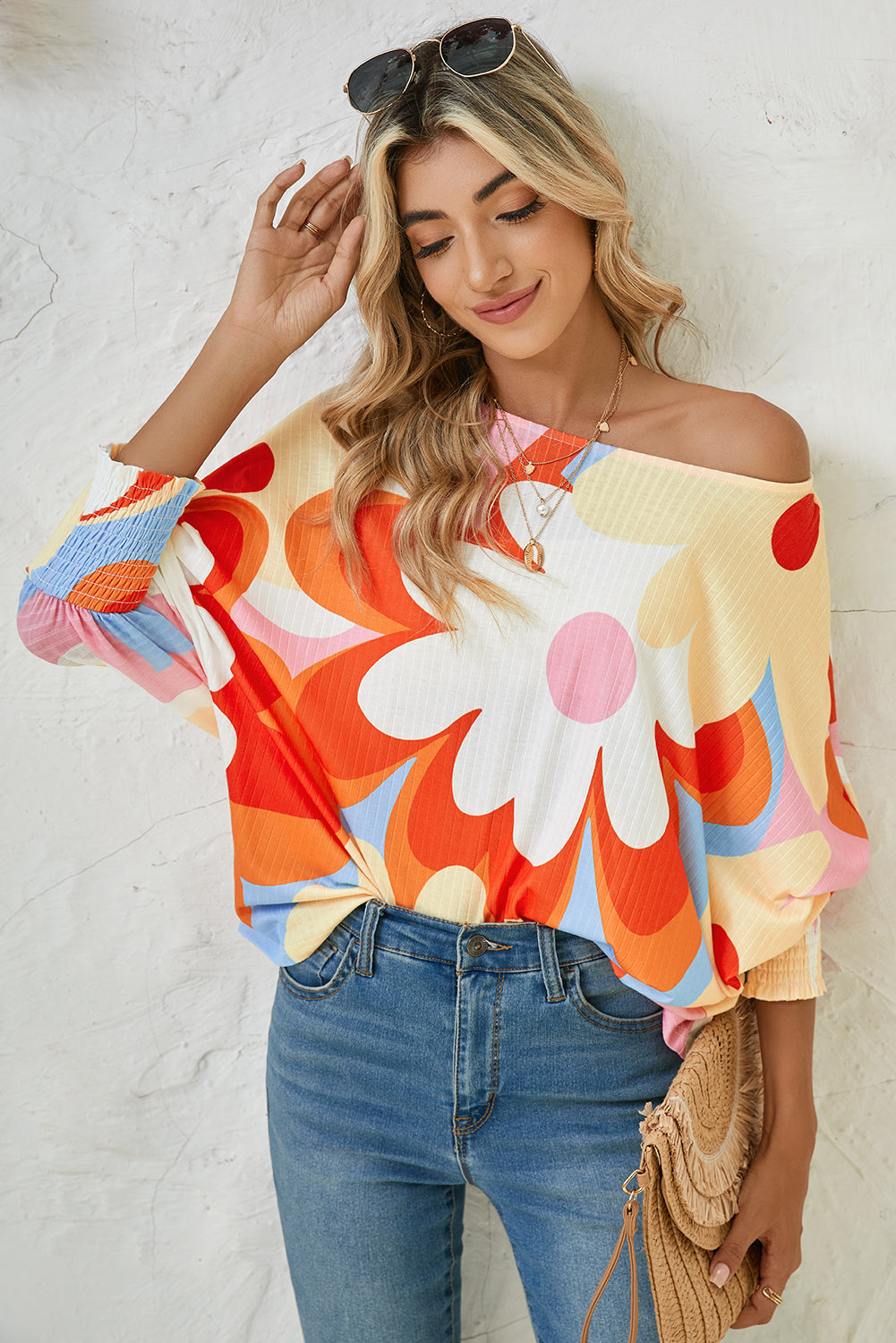 Yellow Colorful Floral Print Ribbed Dolman Blouse b0a5a23b247468fc