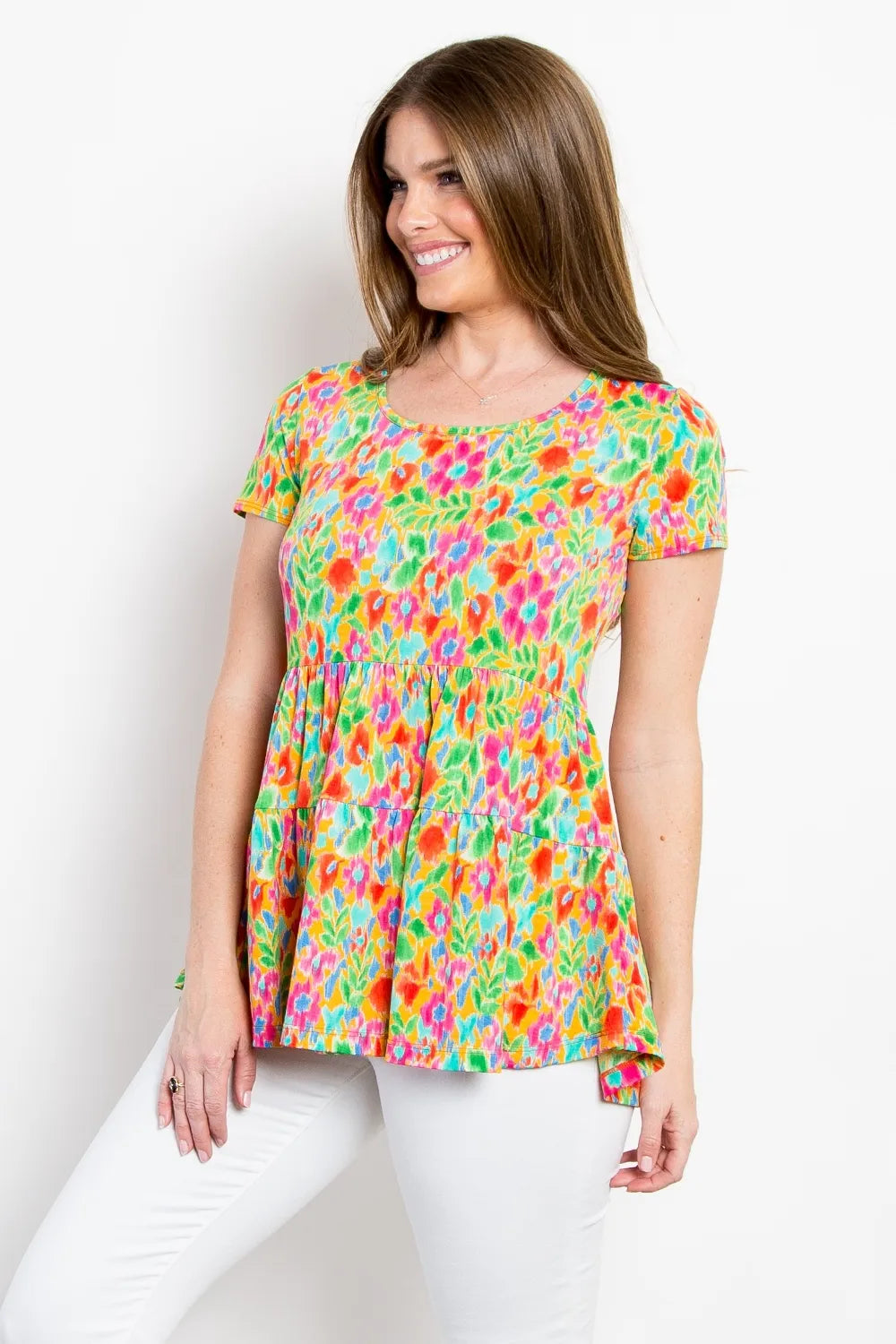 Be Stage Floral Short Sleeve Babydoll Top b0a739d1-e98b-4a88-a7d7-2e73a52ccdd5-Max