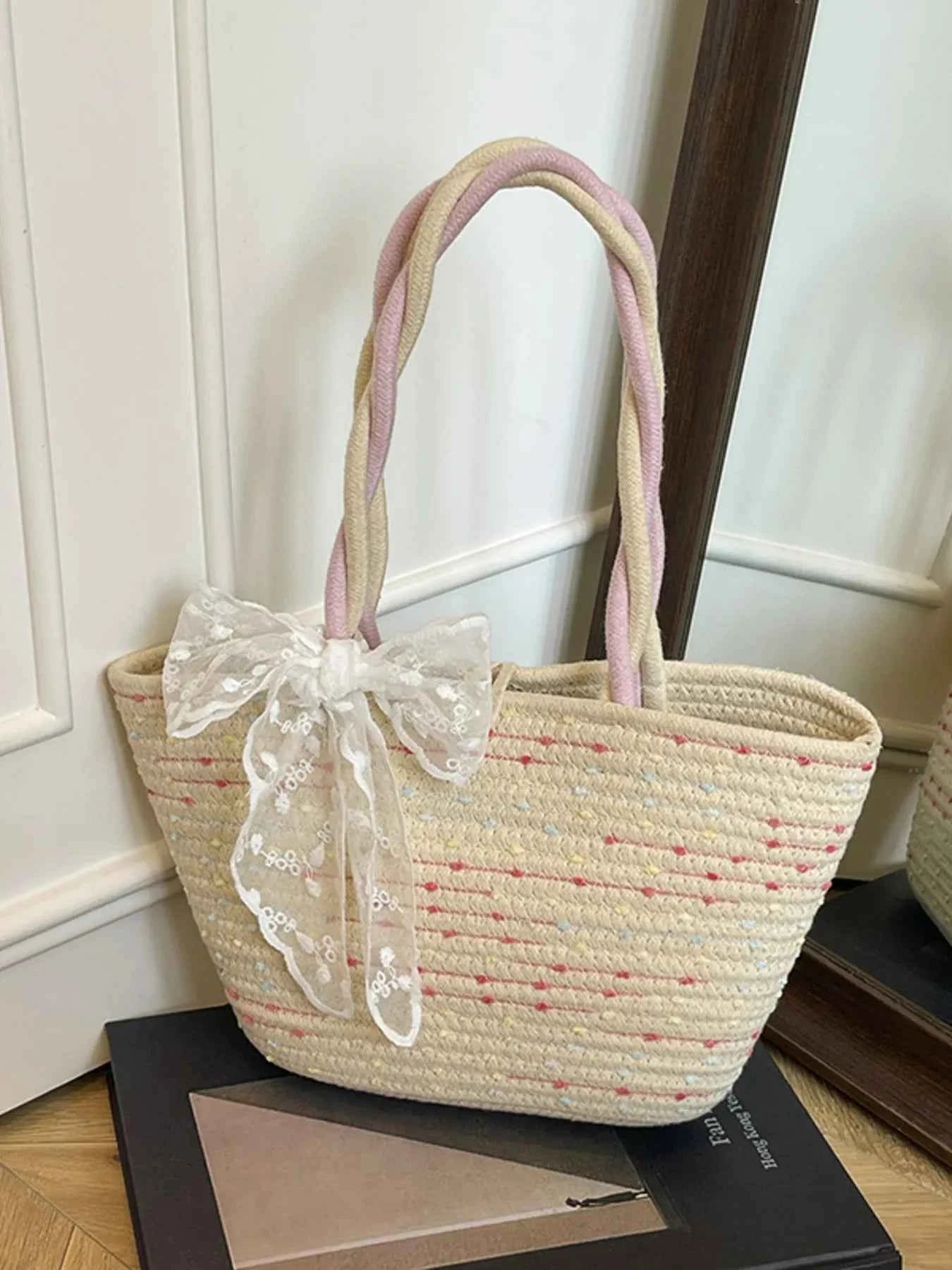 Woven Straw Shoulder Bag with Lace Bow Detail Beige One Size b0bf8ce6c1ec43429e2259e078f39994-Max-Origin