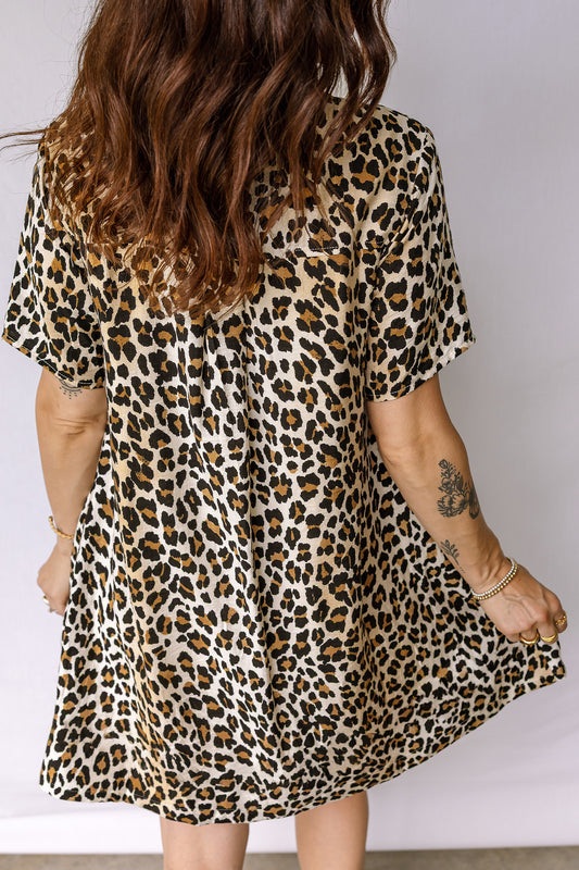 Multicolour Half Buttons Short Sleeve Loose Leopard Mini Dress with Pockets b0c3a80b92c229f9
