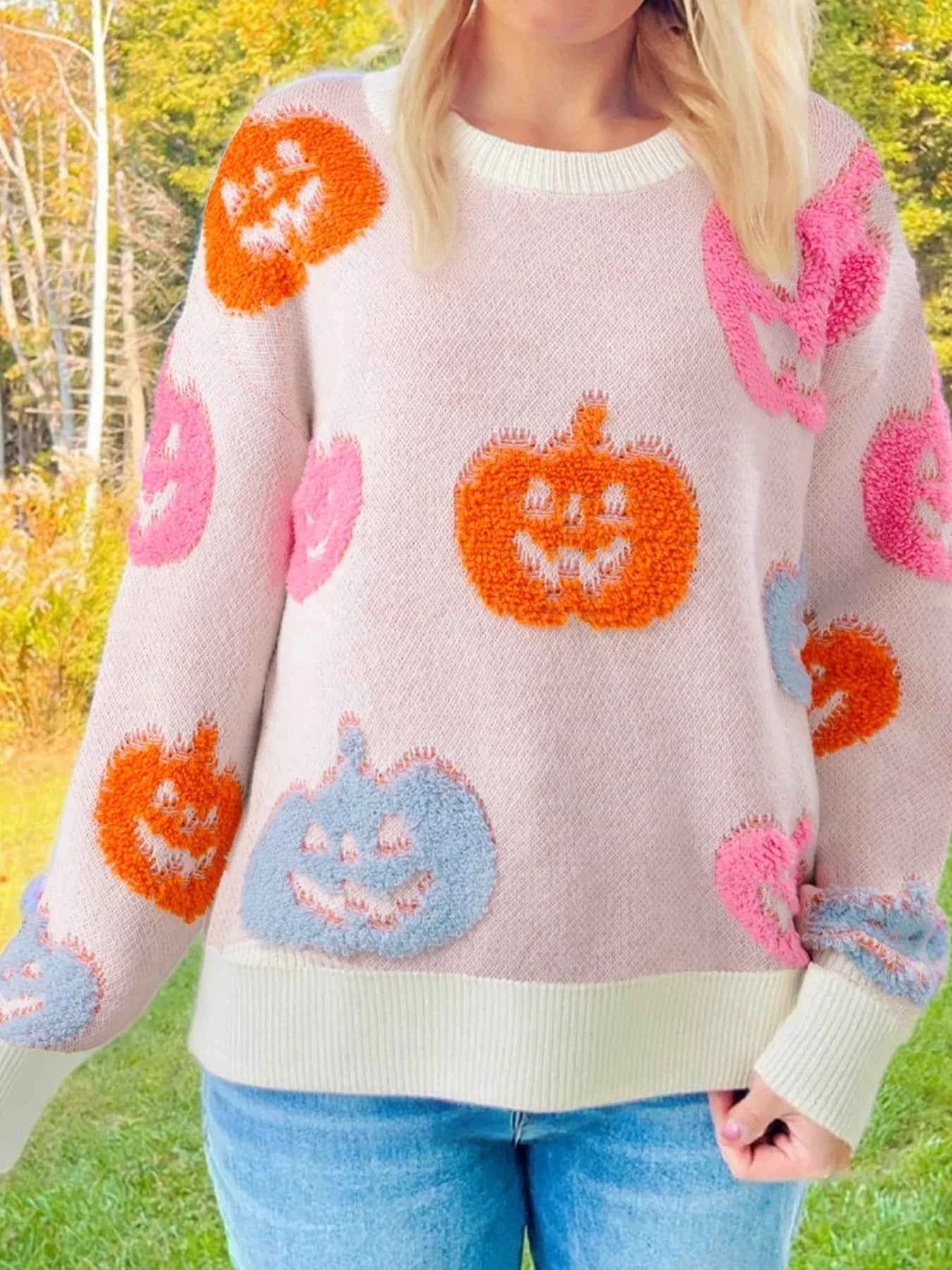 Halloween Cute Pumpkin Pattern Sweater Dusty Pink b0c3edd486e44a2e91f021a773024043-Max-Origin