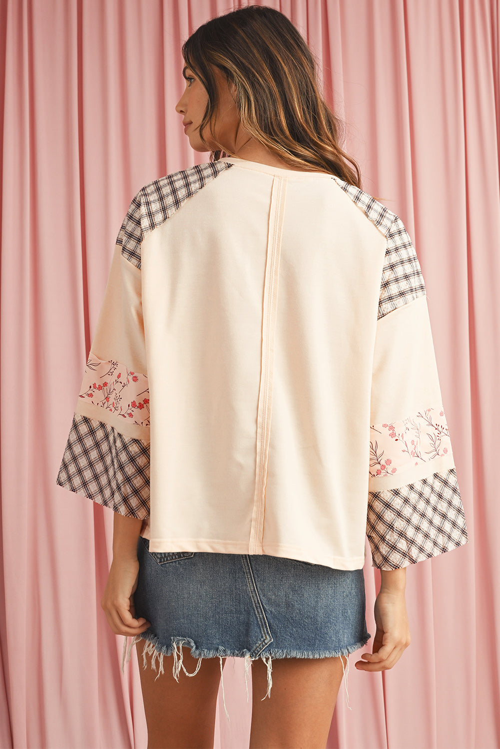 Aqua Plaid Floral Patchwork Heart Long Sleeve Top b0c703478c7cd783