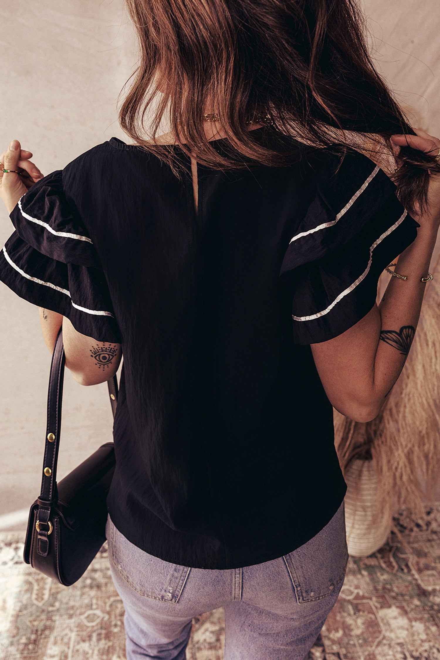 Black Contrast Trim Dual Ruffle Short Sleeve Textured Blouse b0c75dc1d5c6f993