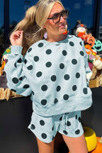 Sky Blue Polka Dot Print Drop Shoulder Pullover Drawstring Shorts Set b0ca385d94339562