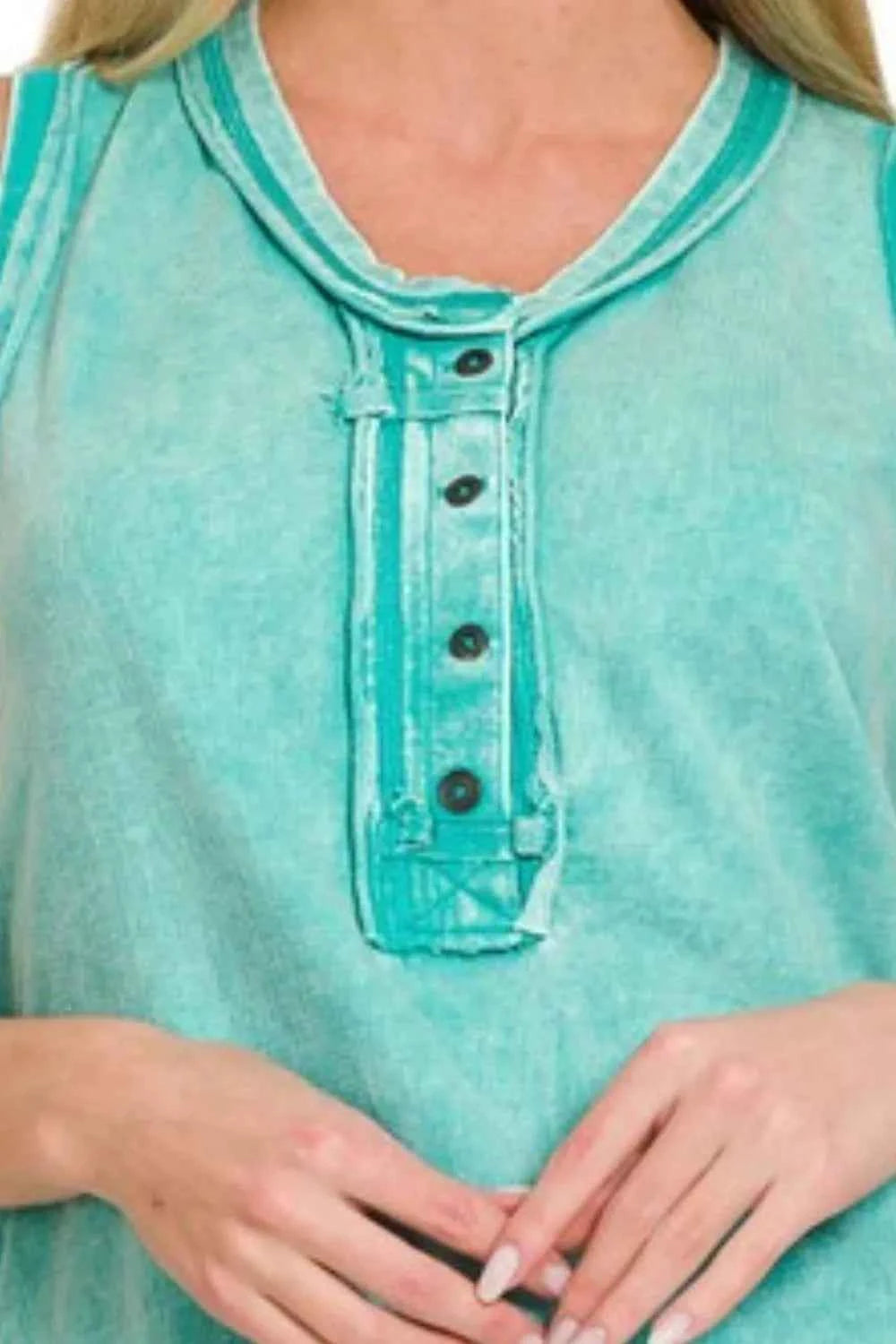 Zenana Washed Half-Button Raw Edge Sleeveless Henley Top b0cd1021-1386-4cfa-baeb-bd1e27af5288-Max-Origin